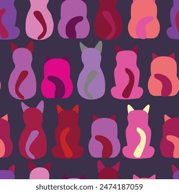 Seamless pattern with cute kitten print. Different scandy cats on color background. Scandinavian style illustration for kids. Vector illustration for fabric, textile, wallpaper, home clothing, pajama.