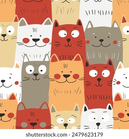 Seamless pattern with cute kitten print. Different scandy cats on color background. Scandinavian style illustration for kids. Vector illustration for fabric, textile, wallpaper, home clothing, pajama.