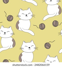 Patrón sin costuras con lindo estampado de gatito. Diferentes gatos de caramelo en el fondo de color. Ilustración de estilo escandinavo para niños. Ilustración vectorial para tela, textil, Fondo de pantalla, ropa para el hogar, pijama.