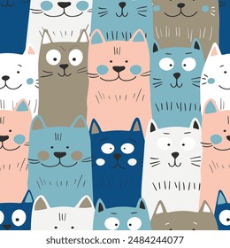 Seamless pattern with cute kitten print. Different scandy cats on color background. Scandinavian style illustration for kids. Vector illustration for fabric, textile, wallpaper, home clothing, pajama.