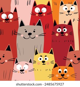 Seamless pattern with cute kitten print. Different scandy cats on color background. Scandinavian style illustration for kids. Vector illustration for fabric, textile, wallpaper, home clothing, pajama.