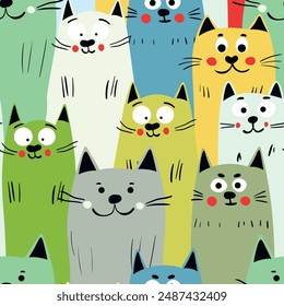 Seamless pattern with cute kitten print. Different scandy cats on color background. Scandinavian style illustration for kids. Vector illustration for fabric, textile, wallpaper, home clothing, pajama.