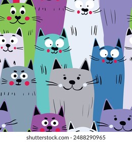 Seamless pattern with cute kitten print. Different scandy cats on color background. Scandinavian style illustration for kids. Vector illustration for fabric, textile, wallpaper, home clothing, pajama.