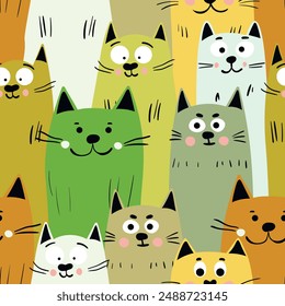 Seamless pattern with cute kitten print. Different scandy cats on color background. Scandinavian style illustration for kids. Vector illustration for fabric, textile, wallpaper, home clothing, pajama.