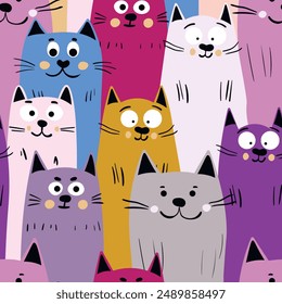 Seamless pattern with cute kitten print. Different scandy cats on color background. Scandinavian style illustration for kids. Vector illustration for fabric, textile, wallpaper, home clothing, pajama.