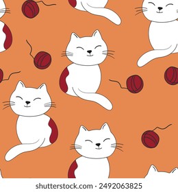 Seamless pattern with cute kitten print. Different scandy cats on color background. Scandinavian style illustration for kids. Vector illustration for fabric, textile, wallpaper, home clothing, pajama.