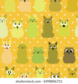 Seamless pattern with cute kitten print. Different scandy cats on color background. Scandinavian style illustration for kids. Vector illustration for fabric, textile, wallpaper, home clothing, pajama.