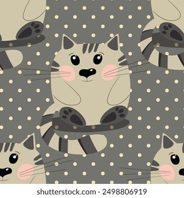 Seamless pattern with cute kitten print. Different scandy cats on color background. Scandinavian style illustration for kids. Vector illustration for fabric, textile, wallpaper, home clothing, pajama.