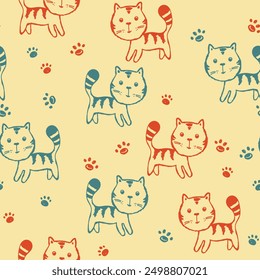 Seamless pattern with cute kitten print. Different scandy cats on color background. Scandinavian style illustration for kids. Vector illustration for fabric, textile, wallpaper, home clothing, pajama.