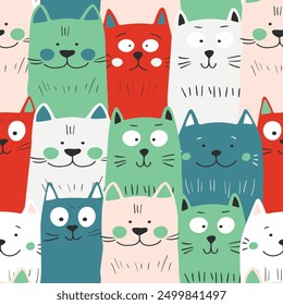 Seamless pattern with cute kitten print. Different scandy cats on color background. Scandinavian style illustration for kids. Vector illustration for fabric, textile, wallpaper, home clothing, pajama.