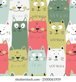 Seamless pattern with cute kitten print. Different scandy cats on color background. Scandinavian style illustration for kids. Vector illustration for fabric, textile, wallpaper, home clothing, pajama.