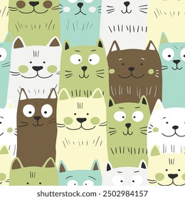 Seamless pattern with cute kitten print. Different scandy cats on color background. Scandinavian style illustration for kids. Vector illustration for fabric, textile, wallpaper, home clothing, pajama.