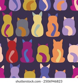 Patrón sin fisuras con estampado de gatito lindo. Diferentes gatos de caramelo sobre fondo de color. Ilustración de estilo escandinavo para niños. Ilustración vectorial para tela, textil, Fondo de pantalla, ropa para el hogar, pijama.