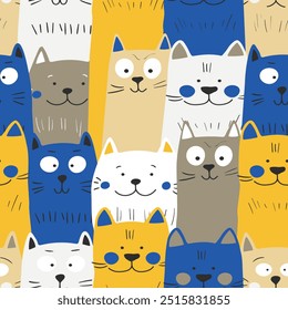 Seamless pattern with cute kitten print. Different scandy cats on color background. Scandinavian style illustration for kids. Vector illustration for fabric, textile, wallpaper, home clothing, pajama.