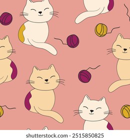 Patrón sin fisuras con estampado de gatito lindo. Diferentes gatos de caramelo sobre fondo de color. Ilustración de estilo escandinavo para niños. Ilustración vectorial para tela, textil, Fondo de pantalla, ropa para el hogar, pijama.