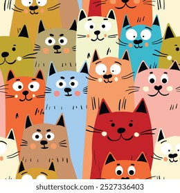 Seamless pattern with cute kitten print. Different scandy cats on color background. Scandinavian style illustration for kids. Vector illustration for fabric, textile, wallpaper, home clothing, pajama.