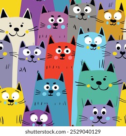 Seamless pattern with cute kitten print. Different scandy cats on color background. Scandinavian style illustration for kids. Vector illustration for fabric, textile, wallpaper, home clothing, pajama.