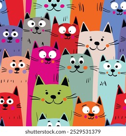 Seamless pattern with cute kitten print. Different scandy cats on color background. Scandinavian style illustration for kids. Vector illustration for fabric, textile, wallpaper, home clothing, pajama.