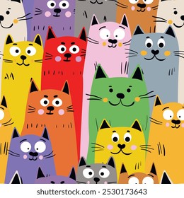 Seamless pattern with cute kitten print. Different scandy cats on color background. Scandinavian style illustration for kids. Vector illustration for fabric, textile, wallpaper, home clothing, pajama.