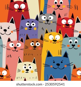 Seamless pattern with cute kitten print. Different scandy cats on color background. Scandinavian style illustration for kids. Vector illustration for fabric, textile, wallpaper, home clothing, pajama.