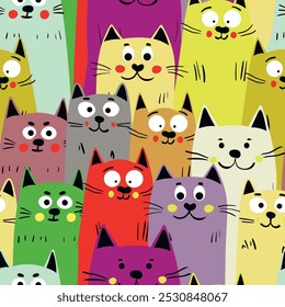 Seamless pattern with cute kitten print. Different scandy cats on color background. Scandinavian style illustration for kids. Vector illustration for fabric, textile, wallpaper, home clothing, pajama.