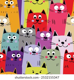 Seamless pattern with cute kitten print. Different scandy cats on color background. Scandinavian style illustration for kids. Vector illustration for fabric, textile, wallpaper, home clothing, pajama.