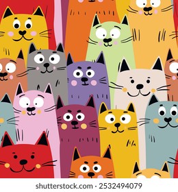 Seamless pattern with cute kitten print. Different scandy cats on color background. Scandinavian style illustration for kids. Vector illustration for fabric, textile, wallpaper, home clothing, pajama.