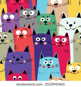 Seamless pattern with cute kitten print. Different scandy cats on color background. Scandinavian style illustration for kids. Vector illustration for fabric, textile, wallpaper, home clothing, pajama.