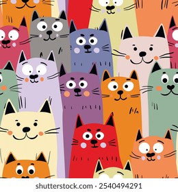 Seamless pattern with cute kitten print. Different scandy cats on color background. Scandinavian style illustration for kids. Vector illustration for fabric, textile, wallpaper, home clothing, pajama.