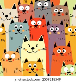 Seamless pattern with cute kitten print. Different scandy cats on color background. Scandinavian style illustration for kids. Vector illustration for fabric, textile, wallpaper, home clothing, pajama.