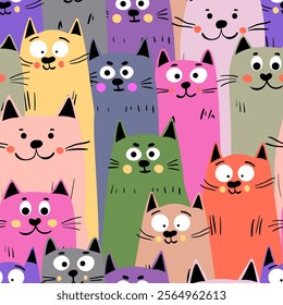 Seamless pattern with cute kitten print. Different scandy cats on color background. Scandinavian style illustration for kids. Vector illustration for fabric, textile, wallpaper, home clothing, pajama.