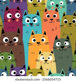 Seamless pattern with cute kitten print. Different scandy cats on color background. Scandinavian style illustration for kids. Vector illustration for fabric, textile, wallpaper, home clothing, pajama.