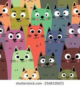 Seamless pattern with cute kitten print. Different scandy cats on color background. Scandinavian style illustration for kids. Vector illustration for fabric, textile, wallpaper, home clothing, pajama.