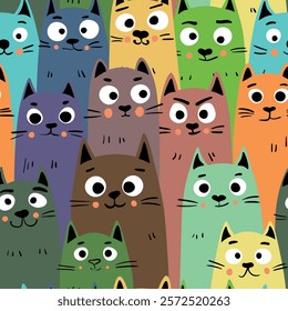 Seamless pattern with cute kitten print. Different scandy cats on color background. Scandinavian style illustration for kids. Vector illustration for fabric, textile, wallpaper, home clothing, pajama.