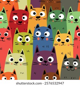 Seamless pattern with cute kitten print. Different scandy cats on color background. Scandinavian style illustration for kids. Vector illustration for fabric, textile, wallpaper, home clothing, pajama.