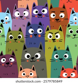 Seamless pattern with cute kitten print. Different scandy cats on color background. Scandinavian style illustration for kids. Vector illustration for fabric, textile, wallpaper, home clothing, pajama.