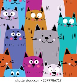 Seamless pattern with cute kitten print. Different scandy cats on color background. Scandinavian style illustration for kids. Vector illustration for fabric, textile, wallpaper, home clothing, pajama.