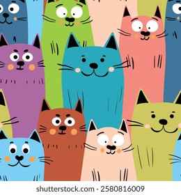 Seamless pattern with cute kitten print. Different scandy cats on color background. Scandinavian style illustration for kids. Vector illustration for fabric, textile, wallpaper, home clothing, pajama.