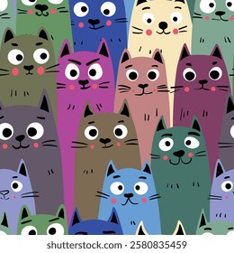 Seamless pattern with cute kitten print. Different scandy cats on color background. Scandinavian style illustration for kids. Vector illustration for fabric, textile, wallpaper, home clothing, pajama.