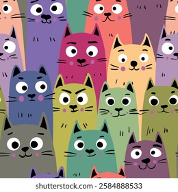 Seamless pattern with cute kitten print. Different scandy cats on color background. Scandinavian style illustration for kids. Vector illustration for fabric, textile, wallpaper, home clothing, pajama.