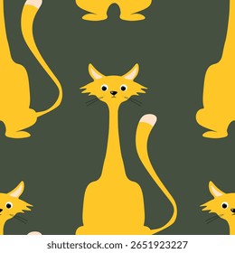 Seamless pattern with cute kitten print. Different scandy cats on color background. Scandinavian style illustration for kids. Vector illustration for fabric, textile, wallpaper, home clothing, pajama.