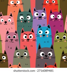 Patrón sin fisuras con estampado de gatito lindo. Diferentes gatos de caramelo sobre fondo de color. Ilustración de estilo escandinavo para niños. Ilustración vectorial para tela, textil, Fondo de pantalla, ropa para el hogar, pijama.