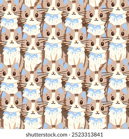 Seamless pattern, cute kitten, sitting fluffy, bow, paws, isolated, flat for fabric design, packaging, stationery