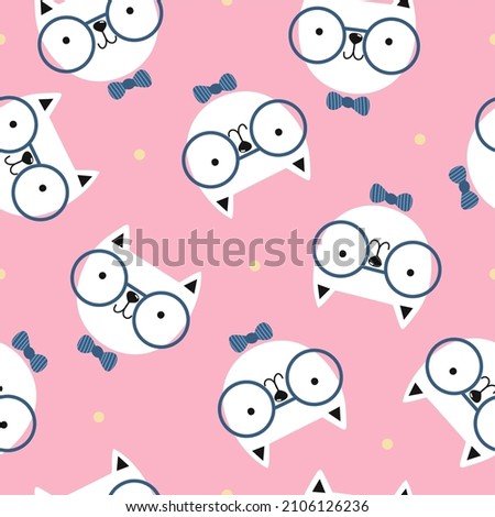 Seamless pattern with a cute kitten wearing glasses and a bow tie. A white kitten on a pink background. Children's illustration for designing clothes, applying to fabric and paper, decor, posters and 