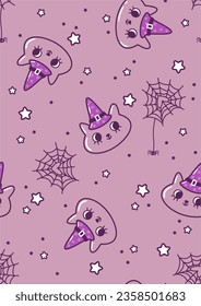 Seamless pattern with cute kitten and witch hat.Halloween background with cat, spider web, heart and stars.Cute halloween pattern