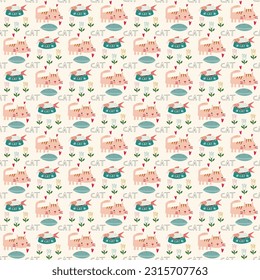 Nahtloses Muster mit süßen Kätzchen, einer Schüssel Fisch und Blumen. Kreative kindliche Textur. Toll für Gewebe, Textil, Vektorgrafik