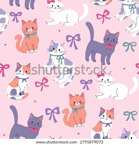 Seamless pattern with cute kittens and bows. Vector graphics.