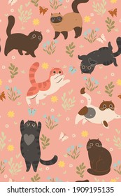 Seamless pattern of cute kittens and butterflies. Vector graphics.