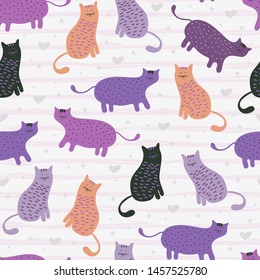 Seamless pattern with cute Kittens cat in different style scandinavian drawing feminine colors. Creative childish texture. Great for fabric, textile Vector Illustration