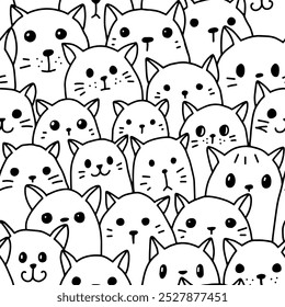 Seamless pattern, cute kittens. Cute cats in doodle style. Can be used as a print on fabric or wrapping paper. Vector illustration.